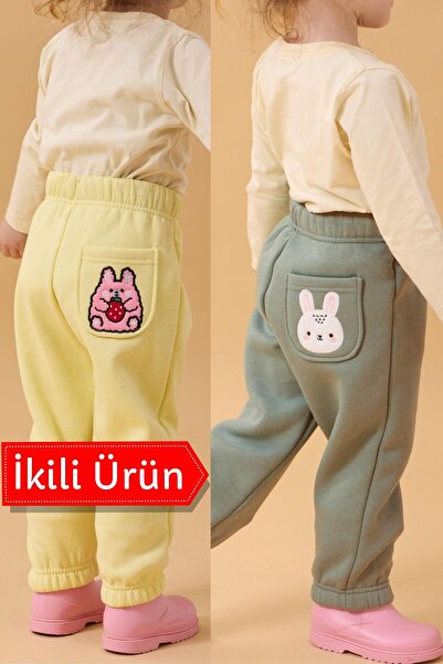 Perendi Kız Çocuk Cep Nakışlı Tavşan ve Pembe Tavşan 2'li Eşofman Altı Sarı-Çağla