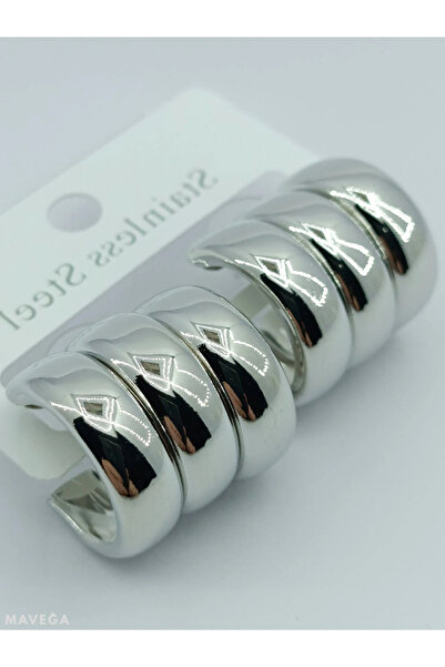 MAVEGA Birleşik Üçlü Yüksek Kalite Yarım Halka Küpe | Kararmaz Çelik, Gümüş Renk
