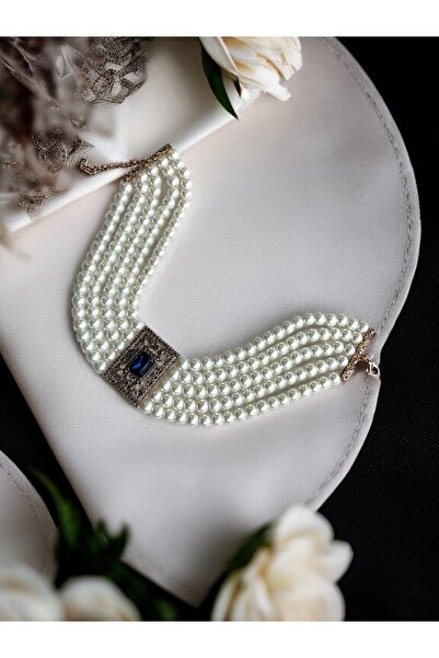 FAYRA ACCESSORIES Elmas Montür Kristal Taşlı İnci Tasma Kolye