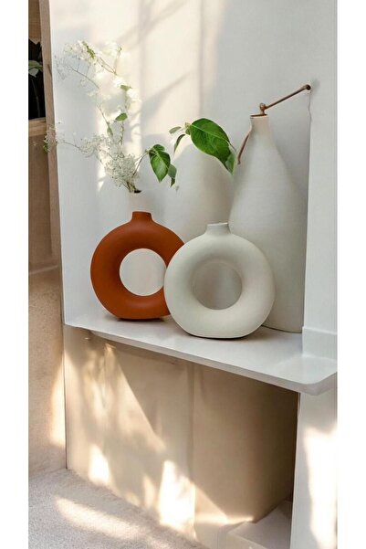 Porselian Vază boemă cu inele, modernă, decorativă, realizată manual, portocaliu și alb, din 2 piese