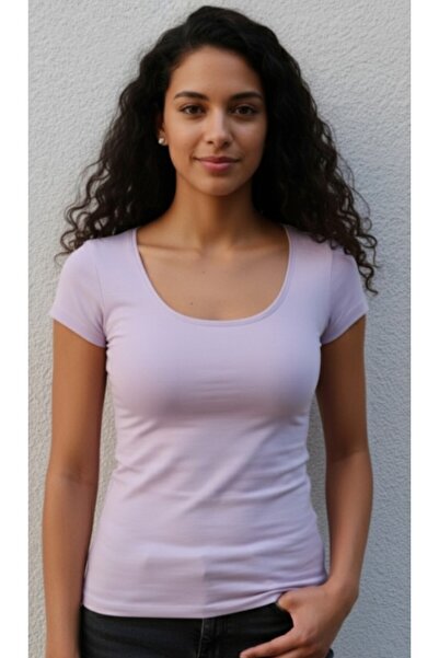 moda felinya Γυναικείο μπλουζάκι με κοντό μανίκι με λαιμόκοψη λιλά