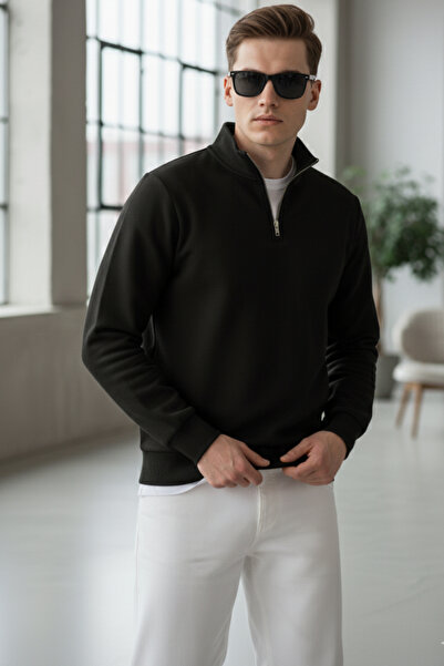 Elemge Pamuklu Erkek Sweatshirt Siyah Soft Touch Relax Fit Yarım Fermuarlı Dik Yaka 3 Iplik Nefes Alan