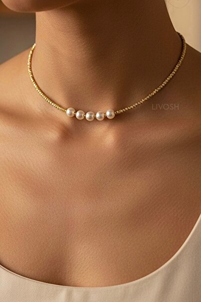 LIVOSH قلادة على شكل طوق من اللؤلؤ مع 5 حبات باللون الذهبي