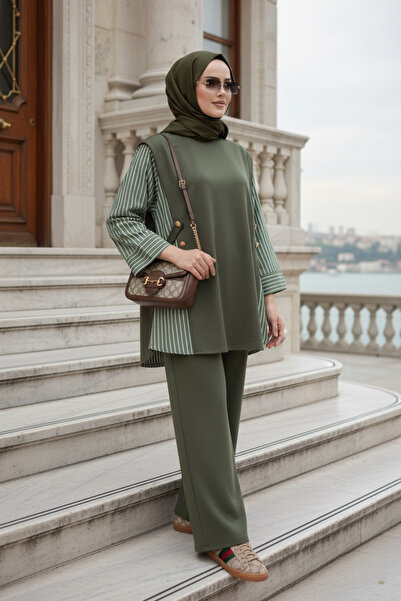 Aselim Hijap Moda Γυναικείο Τζιλάτι Σετ Λιόρα – Πουκάμισο από βαμβάκι με δύο κλωστές με λεπτομέρειες – Χακί πράσινο