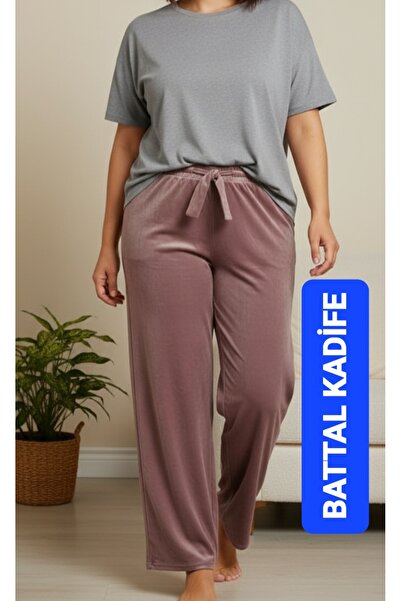 BOYA MODA KADIN FRANSIZ KADİFE BATTAL BÜYÜK BEDEN BEL LASTİKLİ CEPSİZ EŞOFMAN...