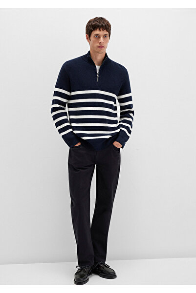 Mavi Yarı Fermuarlı Çizgili Lacivert Kazak Slim Fit / Dar Kesim 0710131-70490