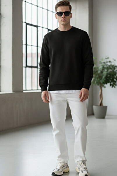 Elemge Βαμβακερό ανδρικό φούτερ Μαύρο Soft Touch Relax Fit Basic Crew Neck 3 Thread Breathable