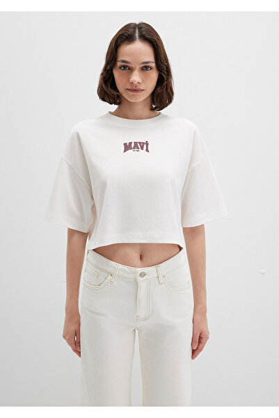 Mavi Logo Baskılı Ekru Crop Tişört Crop / Kısa Kesim 1613411-70057