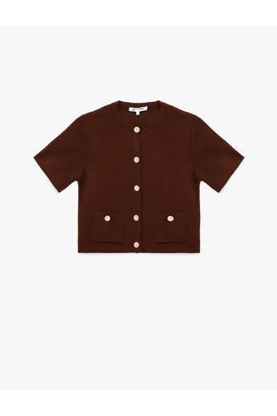 Koton Short Sleeve Crew Neck Button Detailed Pocketed Knitwear Cardigan