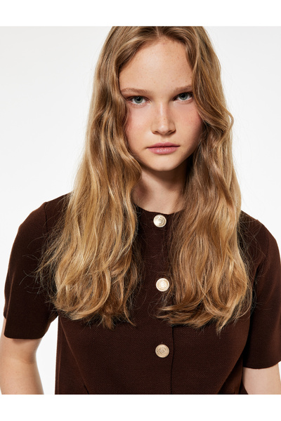 Koton Short Sleeve Crew Neck Button Detailed Pocketed Knitwear Cardigan