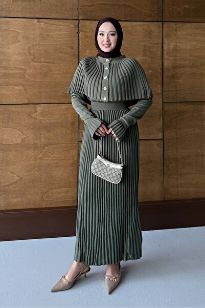 Rimel Moda Kelebek Piliseli Elbise Takım Haki