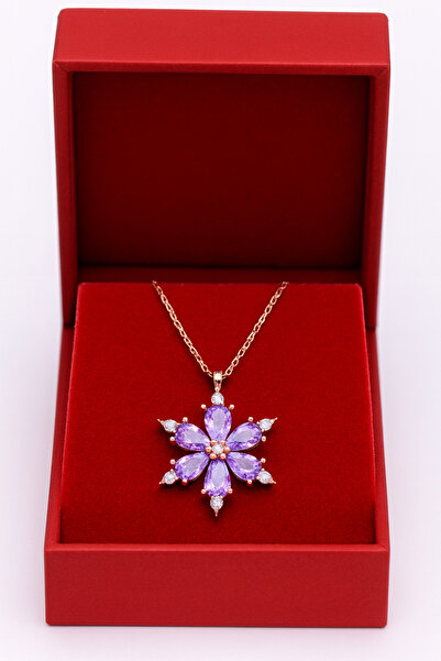 A-STİL TAKI 925 Ayar Gümüş Hediye Kutulu Ametist Taşlı Lotus Kamelya Çiçeği K...
