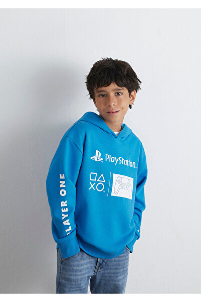 Mavi PlayStation Baskılı Kapüşonlu Sweatshirt 6S10131-70772