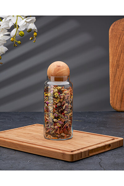 Sensoria Ahşap Top Kapaklı Cam Kavanoz Şekerlik Çerezlik Baharatlık Ve Saklam...