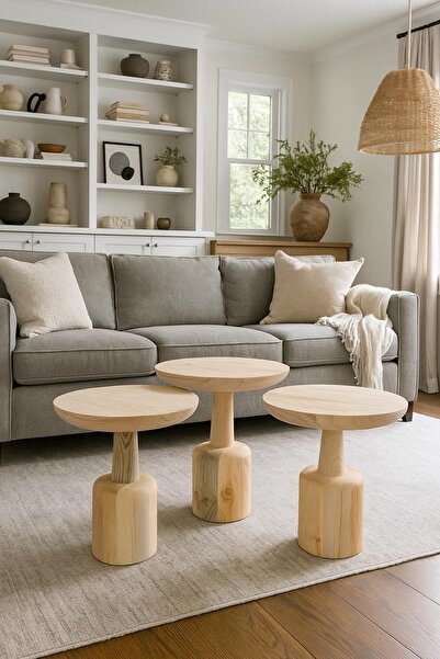 AHESAR TİCARET Mantar sehpa 3 lü set ahşap