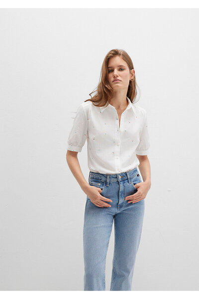 Mavi Çiçek Baskılı Ekru Gömlek Fitted / Vücuda Oturan Kesim 1210060-90701