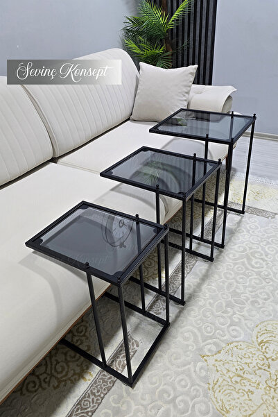 SEVİNÇ KONSEPT 3'lü SİYAH C Sehpa, FÜME Güvenilir 6 mm Kalın Camlı, Çok Amaçlı Metal Zigon Sehpa