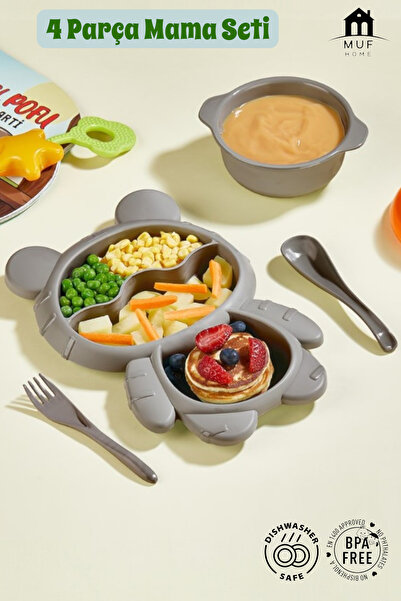 MUF HOME Ayıcık Şekilli 3 Bölmeli 4 Parça Çocuk Bebek Mama Tabağı + Çorba Kas...