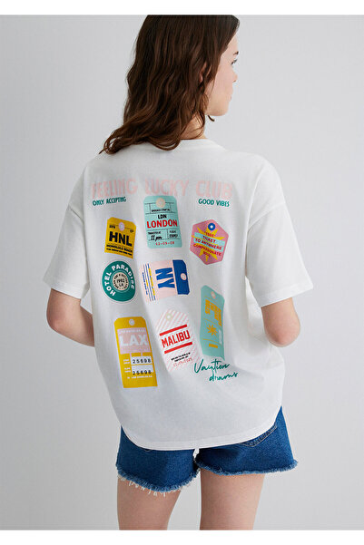Mavi Baskılı Ekru Tişört Loose Fit / Bol Rahat Kesim 1613527-70057