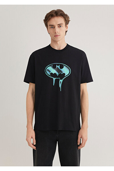 Mavi Batman Baskılı Siyah Tişört Loose Fit / Bol Rahat Kesim 0612566-900