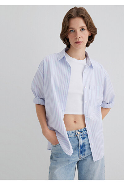 Mavi Çizgili Mavi Gömlek Oversize / Geniş Kesim 1210861-88020