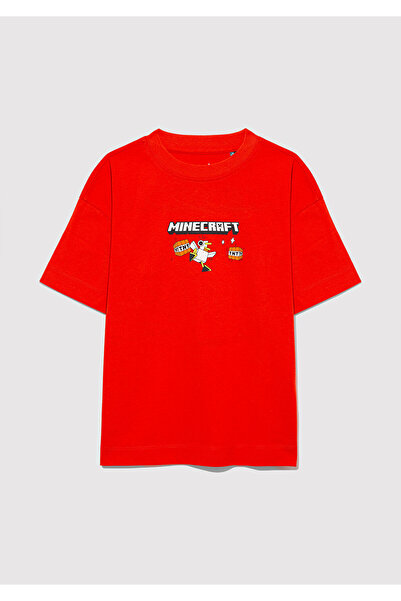 Mavi Minecraft Baskılı Kırmızı Tişört Oversize / Geniş Kesim 6610343-88523