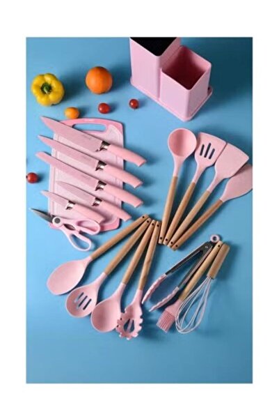 huitich 19-Piece Pink Silicone Kitchen Utensil Set with Wooden Handles and Knife Set