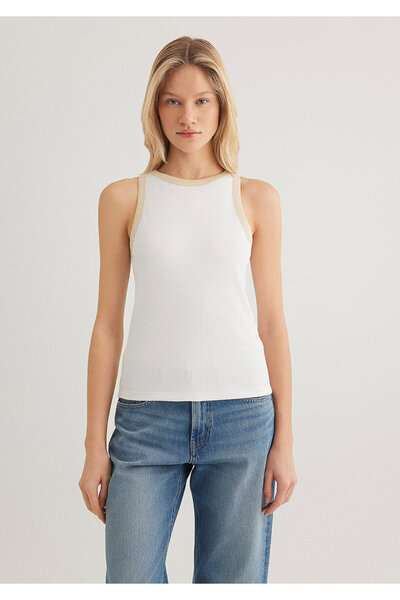 Mavi Biye Detaylı Ekru Atlet Fitted / Vücuda Oturan Kesim 1612882-70057