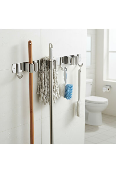 nelerbulurum Stainless Steel 3 Clips 4-Hook Mop Broom, Brush Mob Hanger Handle Holder Kitchen and Bathroom Hanger