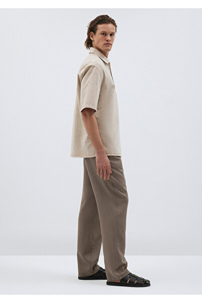 Mavi Keten Karışımlı Yarı Fermuarlı Polo Tişört Loose Fit / Bol Rahat Kesim 0211078-70074