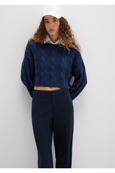 Mavi Bisiklet Yaka Lacivert Kazak Crop / Kısa Kesim 1710477-82454