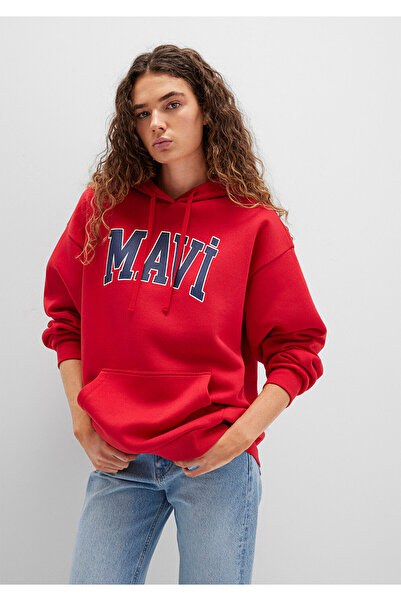 Mavi Logo Baskılı Kırmızı Kapüşonlu Sweatshirt Oversize/Geniş Kesim 1600361-82054