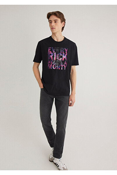 Mavi Rick and Morty Baskılı Siyah Tişört Loose Fit / Bol Rahat Kesim 0611683-900