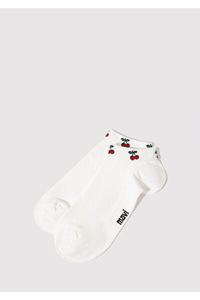 Mavi Vişne İşlemeli Ekru Patik Çorap 1912446-85545