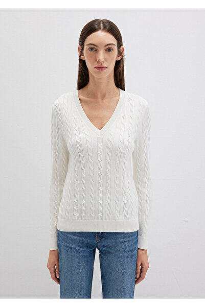 Mavi V Yaka Beyaz Kazak Slim Fit / Dar Kesim 1710340-70057