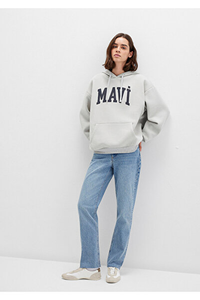 Mavi Logo Baskılı Kapüşonlu Gri Sweatshirt 1600361-34322