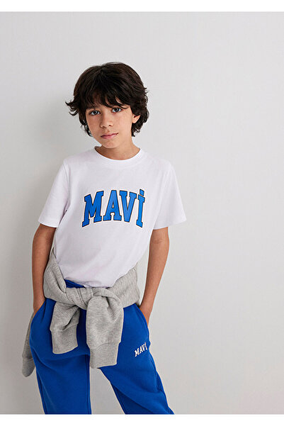 Mavi Biała koszulka z nadrukiem z logo Regular Fit / Normalny krój 6610030-620