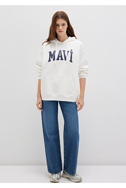Mavi Logo Baskılı Kapüşonlu Beyaz Sweatshirt 1600361-81964