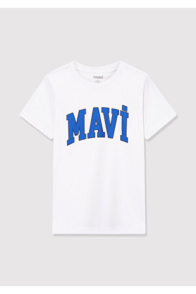 Mavi Biała koszulka z nadrukiem z logo Regular Fit / Normalny krój 6610030-620