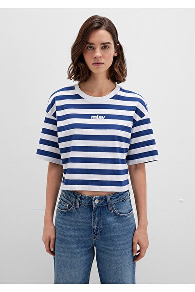 Mavi Miav Baskılı Çizgili Crop Tişört Crop / Kısa Kesim 1612456-87201