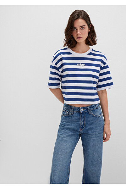 Mavi Miav Baskılı Çizgili Crop Tişört Crop / Kısa Kesim 1612456-87201