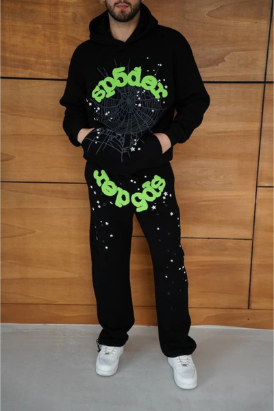 TBL DEKOR Men's Hooded Tracksuit Set Spider Web and Neon Green Printed Kangaroo Pockets Oversized Comfortable Fit,