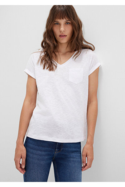 Mavi V Yaka Beyaz Basic Tişört Loose Fit / Bol Rahat Kesim 1600961-620