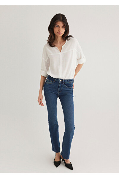 Mavi V Yaka Beyaz Bluz 121357-22937