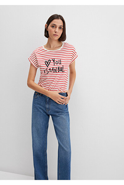 Mavi Love You bedrucktes gestreiftes Istanbul-T-Shirt mit normaler Passform 167986 -26829