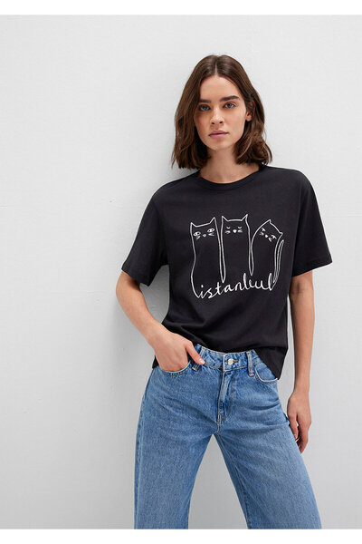 Mavi Kedi Baskılı Antrasit İstanbul Tişört Regular Fit / Normal Kesim 1610674-70087