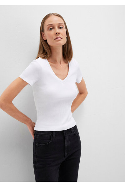 Mavi Λευκό μπλουζάκι με λαιμόκοψη σε σχήμα V - Εφαρμοσμένο Cut1601040-620