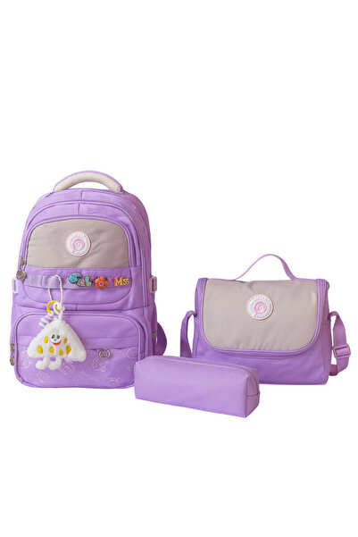 tiny wood Kız Çocuk İlköğretim Çantası Ultra Hafif ilkokul / Ortaokul Okul 3 lü Çanta Seti Pembe-Lila -Gri