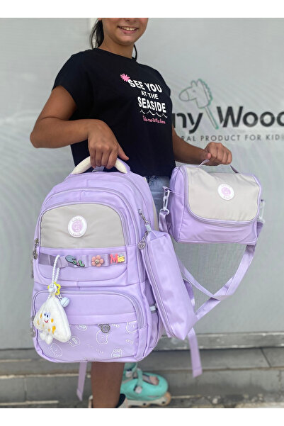 tiny wood Kız Çocuk İlköğretim Çantası Ultra Hafif ilkokul / Ortaokul Okul 3 lü Çanta Seti Pembe-Lila -Gri