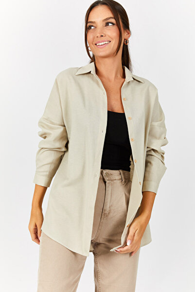 armonika Dámská béžová oversize dlouhá základní košile ARM-22Y001118